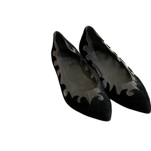 Stuart Weitzman Black Suede and Patent Flats with Clear Accents
